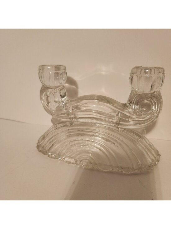 Vintage Art Deco Clear Glass Double Taper Candle Holder Ribbed Fan Base 1940